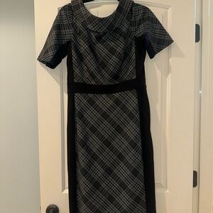 White House Black Market Black and Gray Plaid Midi Sheath Dress